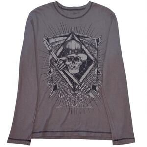 Y2K Tribal Skull Mens Thermal Shirt XL Gray Biker Goth Grunge Grim Reaper